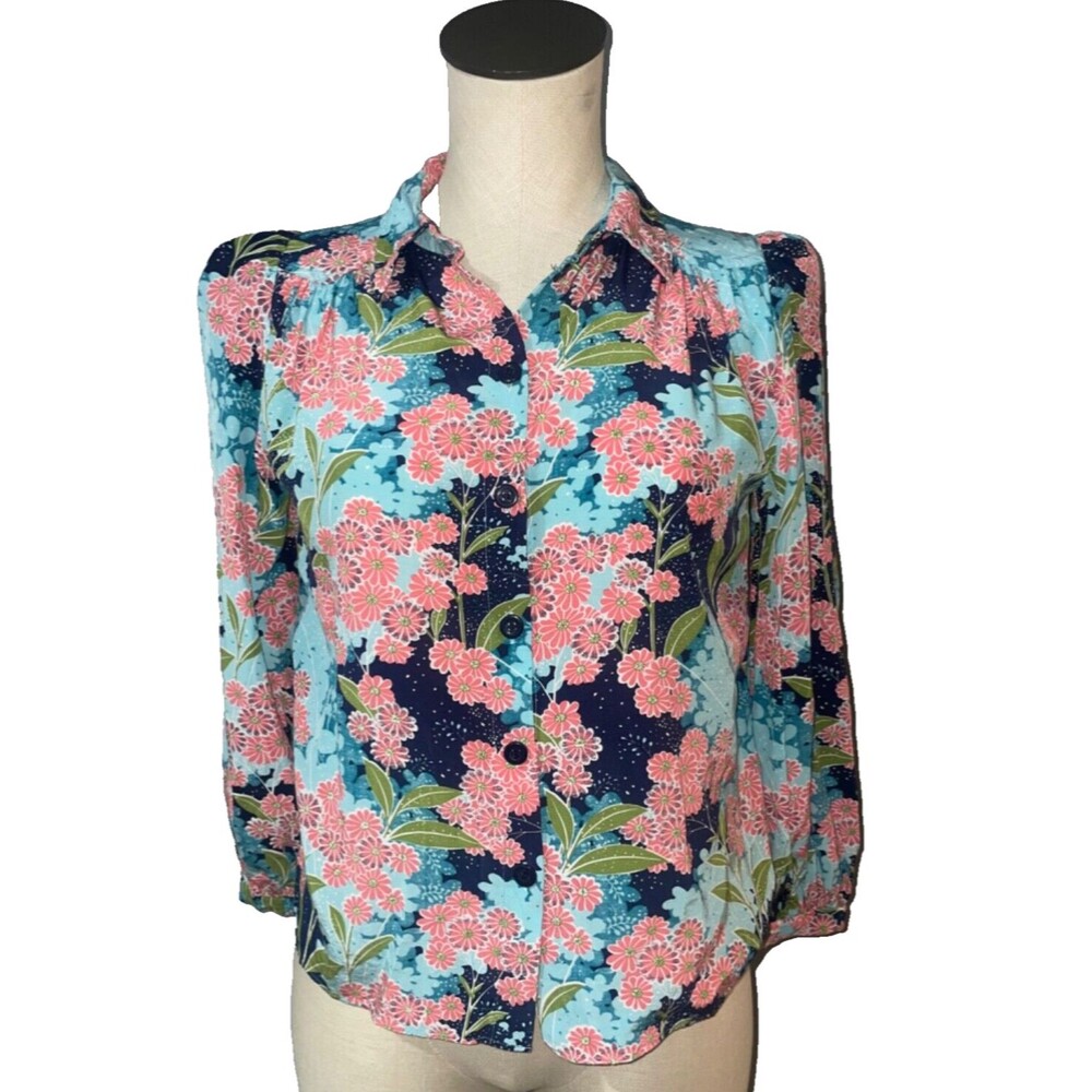 & Other Stories Womens Gathered Crepe Button Down Blouse size 4 Floral Romantic